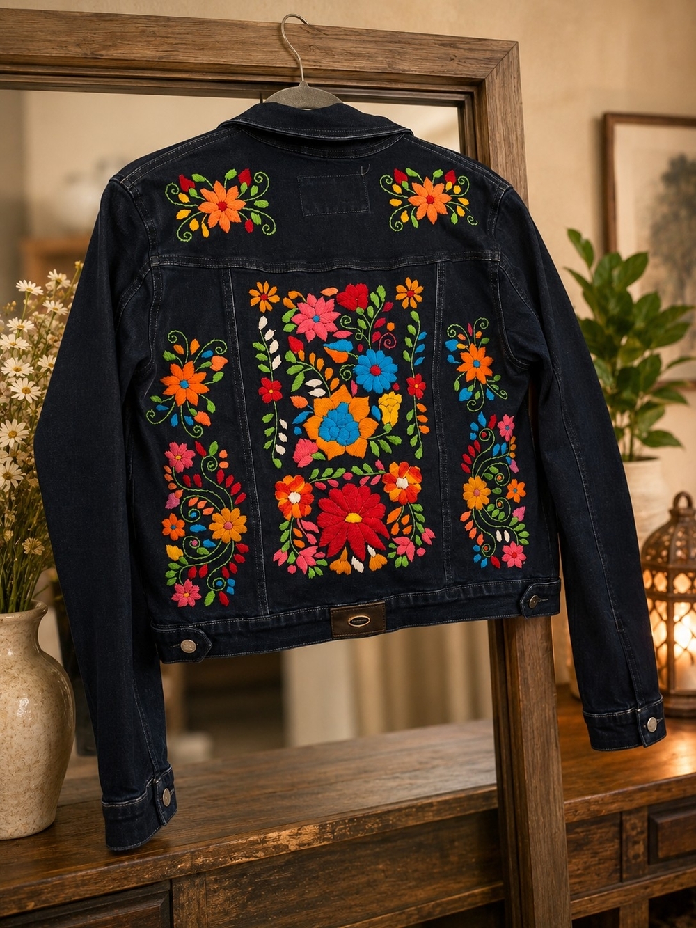 Dark Denim Jacket with Colorful Floral Embroidery